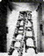 a ladder before a curtained window