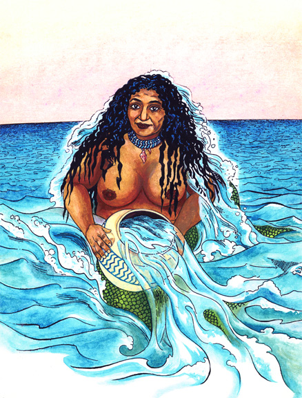 half-sea serpent, goddess pouring water from a pot and floating among the waves