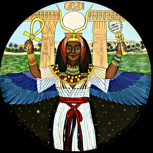 round image of winged Isis with Nile flowing behind her