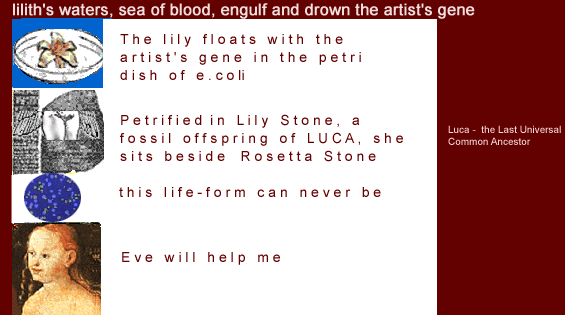 lilith's waters, sea of blood, engulf and drown the artist's gene